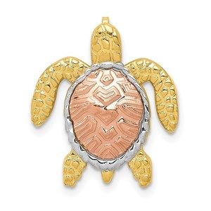 14k Yellow Gold Two-Tone w/ White Rhodium Turtle Necklace Charm Pendant Slide